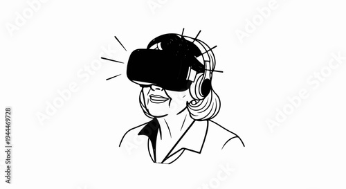 A person wearing a virtual reality headset and headphones, with radiating lines