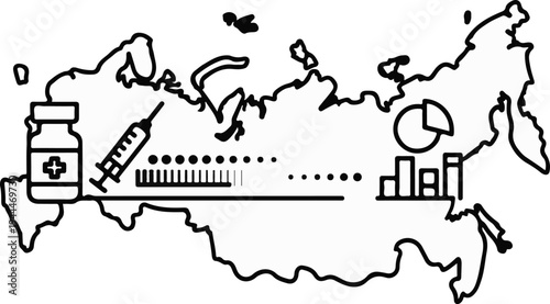 Outline of Russia map with medical and data visualization icons