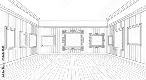Perspective drawing of an art gallery with framed pictures on the walls