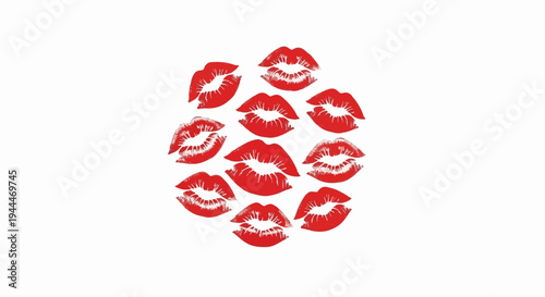 A cluster of red lipstick kiss marks arranged on a white background