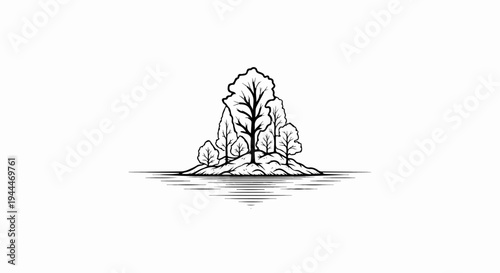 A cluster of stylized trees stands on a small island surrounded by water
