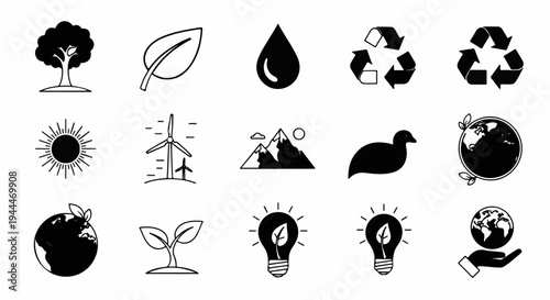 A collage of 15 stylized black and white icons representing nature and conservation