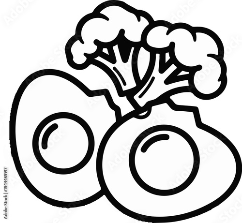 Outline of two fried eggs with broccoli florets clustered behind them