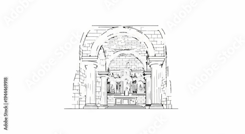 Monochromatic sketch of a grand church interior with columns, arches, and altar