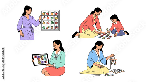 Woman's Leisure Activities Collage: A collage showcasing a woman engaged in various hobbies and leisure activities, including sorting fruits, playing with a child, browsing online.