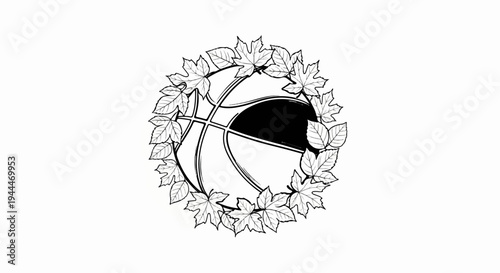 Monochrome basketball with a wreath of leaves