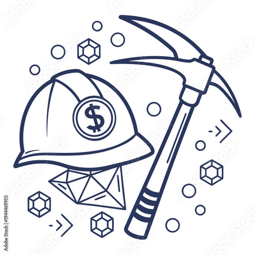 A mining helmet and pickaxe with a dollar sign on the helmet