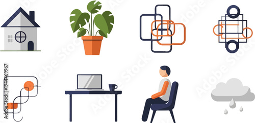 A collage of eight flat icons house, plant, geometric shapes, desk, person, and cloud