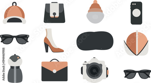 A collage of fashion accessories and personal items