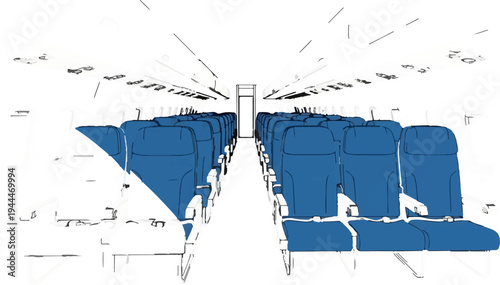 Perspective view of an empty airplane cabin with blue seats