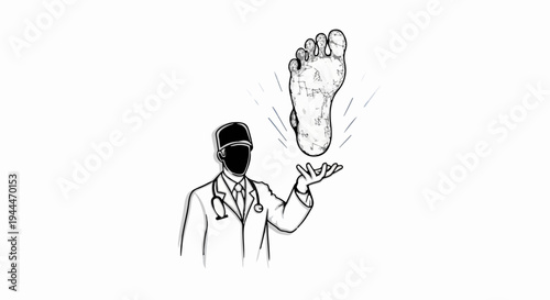 Physician presents floating human foot in stylized sketch