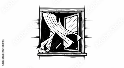 Open window with curtains blowing inwards against a dark background