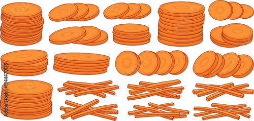 A collection of sliced and julienned carrots, in various piles