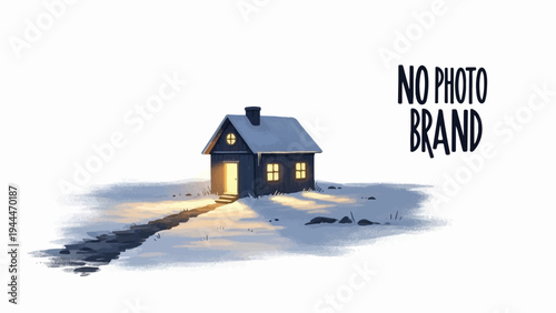 A lone, snow-covered house glows warmly on a winter evening