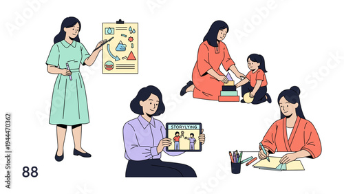Learning Moments: Depicting a series of illustrations of women involved in educational activities with children, representing nurturing and instruction, promoting education and care.