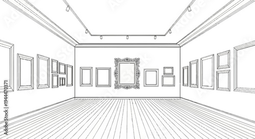 Perspective sketch of a gallery interior with framed artwork and overhead lighting