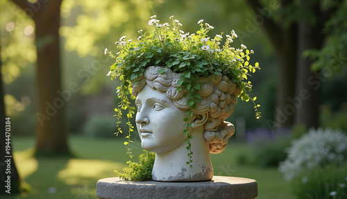 Decorative stone head planter with greenery in garden setting  