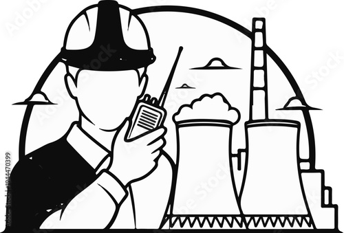 Person wearing hard hat using a radio with cooling towers in background