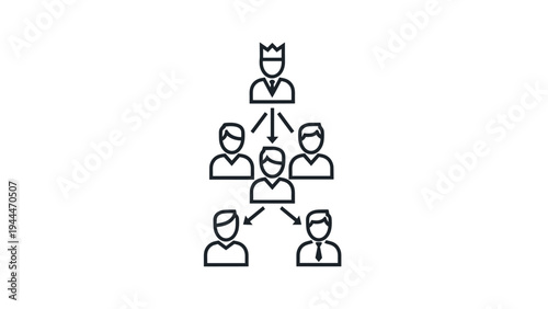 Business hierarchy and leadership structure showing a crowned manager leading a team through an organizational flow chart diagram.