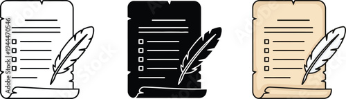 Collection of scroll and quill pen icons featuring outline silhouette and vintage parchment styles ideal for historical educational or task management designs