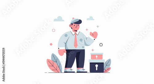 A man in a cap and shirt waves beside stacked boxes with locks