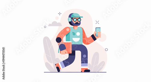 A man in a cap and glasses with headphones carries a box and a phone