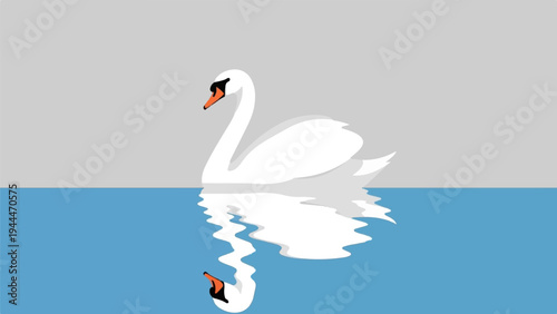 A minimalist white swan floats on blue water with a grey sky
