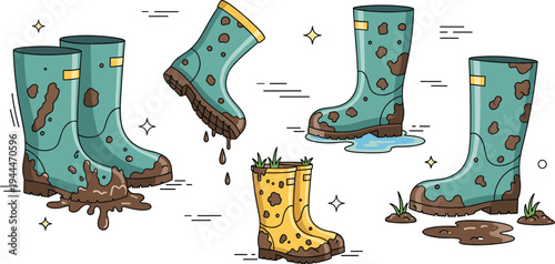 Muddy Rubber Rain Boots Cartoon Vector Illustration Set with Waterproof Wellington Footwear for Rainy Weather, Gardening, Farming, and Outdoor Work Activities