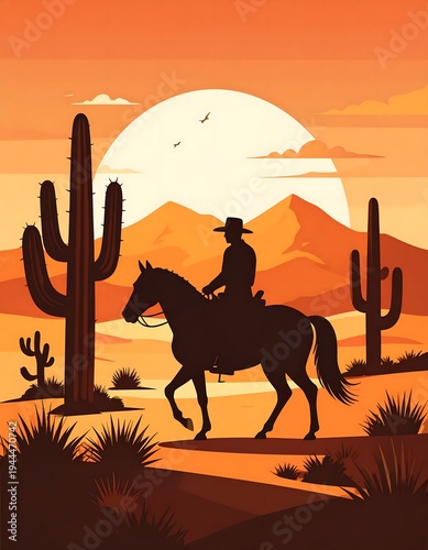 Silhouette of a Cowboy Riding Horse in Desert Landscape at Sunset.