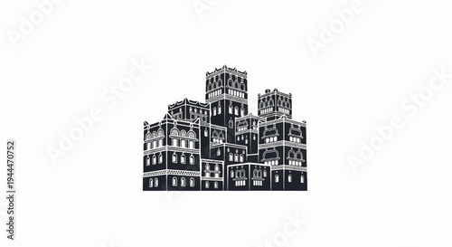 A detailed black and white illustration of multi-story buildings with intricate windows