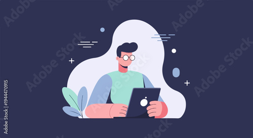 A person wearing glasses looks at a tablet, surrounded by abstract shapes and leaves