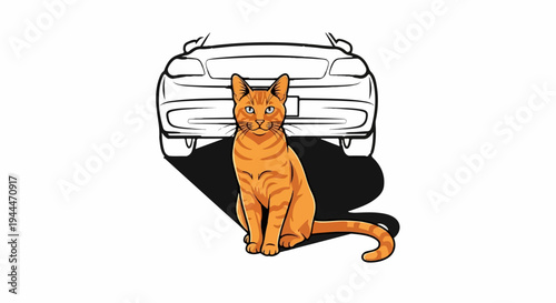 Orange tabby cat sits patiently in front of a car's outline