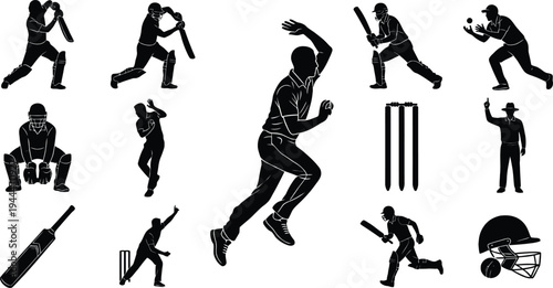 Cricket Player Action Silhouettes and Equipment Set