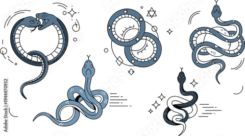 Mystic Snake Infinity Symbol Cartoon Vector Set with Serpent Ouroboros Shapes, Endless Loop Reptile Illustrations for Tattoo, Mythology, and Decorative Design
