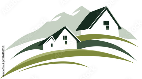 Modern vector illustration of residential houses on green hills with mountains, ideal for real estate, property, and home concepts.