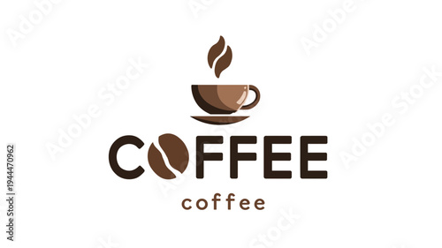 Modern coffee shop logo with steaming cup, coffee bean typography, and elegant brown color palette. Café branding icon.