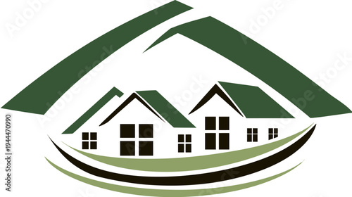 Stylized residential houses icon with green roof-like design and curved base. Modern home, property, real estate, and community symbol.
