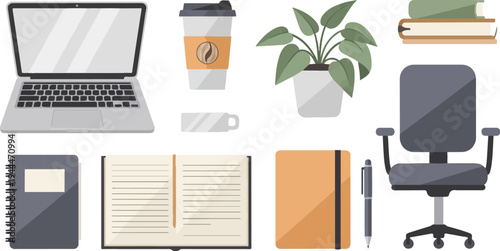 A modern desk setup featuring a laptop, coffee cup, plant, books, chair, and notebooks