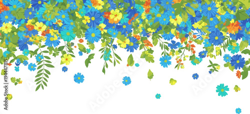 A cascade of vibrant blue, yellow, and orange wildflowers with green leaves on a white background