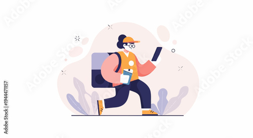 A person with a backpack and phone, delivering items with a cup in hand