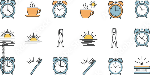 Set of morning routine icon illustrations including alarm clocks, coffee, sunrise, stretching, toothbrush and breakfast for lifestyle and vector design projects