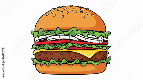 A cartoon-style, multi-layered cheeseburger with lettuce, tomato, onion, and sesame seeds