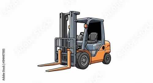 A cartoon-style illustration of an orange and gray forklift