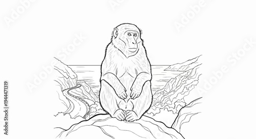 A monkey sits on a rock, overlooking a winding road and a body of water