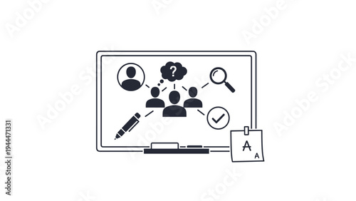 Collaborative brainstorming board featuring people, search, checkmark, and pen icons to represent teamwork and project planning.