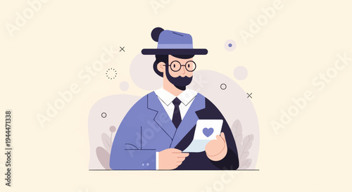 A man in a suit and hat holds a letter with a heart
