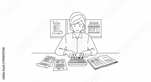 Person at desk with calculator, papers, open book, and store graphic