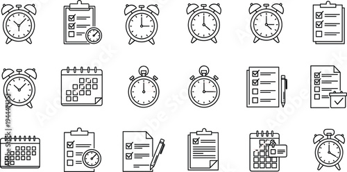 Set of twenty black and white productivity icons including clocks, calendars, clipboards and stopwatches for time management