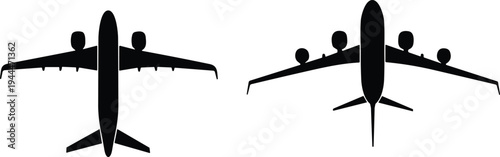 airplane top view silhouette vector set, commercial jet aircraft flying icons, passenger plane aviation transport illustration collection