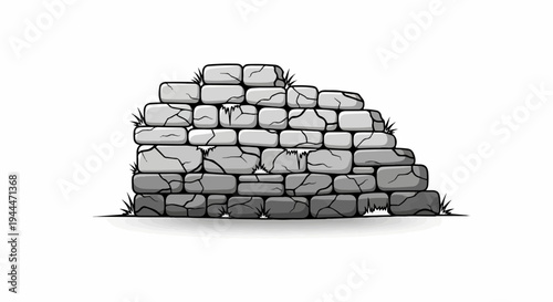 A grey stone wall with rough texture and cracks, with grass poking through